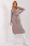 Long Sleeve Heart Neckline Dress with Tie Belt and Slits
