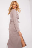 Long Sleeve Heart Neckline Dress with Tie Belt and Slits