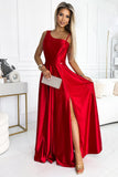 Elegant One-Shoulder Red Satin Maxi Dress