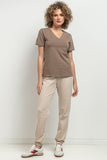 Elegant Slim-Fit Blouse with V Neckline and Decorative Pleat