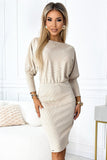 Beige Striped Dress with Ribbed Sleeves
