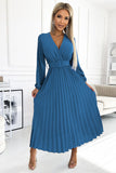 Denim Pleated Midi Dress with Envelope Neckline & Belt