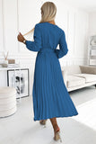 Denim Pleated Midi Dress with Envelope Neckline & Belt
