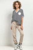 Elegant V-Neck Loose Blouse with Decorative Pleat