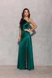 Elegant One-Shoulder Satin Dress with Leg Slit