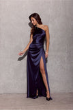 Elegant One-Shoulder Satin Dress with Leg Slit