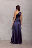 Elegant One-Shoulder Satin Dress with Leg Slit
