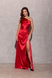 Elegant One Shoulder Satin Dress with Leg Slit