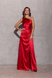 Elegant One Shoulder Satin Dress with Leg Slit