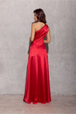 Elegant One Shoulder Satin Dress with Leg Slit