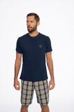 Men's Cotton Short-Sleeve Pajamas with Checkered Pants