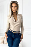 Beige Deep V-Neck Envelope Bodysuit for Everyday Wear