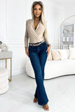 Beige Deep V-Neck Envelope Bodysuit for Everyday Wear