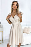 Beige Flared Dress with Envelope Neckline and Short Sleeves