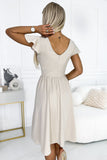 Beige Flared Dress with Envelope Neckline and Short Sleeves