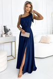 Elegant Navy Blue One Shoulder Shimmer Gown with Bow