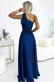 Elegant Navy Blue One Shoulder Shimmer Gown with Bow