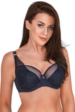 Elegant Navy Blue Semi-Padded Bra with Embroidered Cups