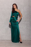 Elegant Satin Maxi Dress with Unique Neckline and Slit