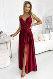 Elegant Burgundy Satin Maxi Dress with Leg Slit and Belt