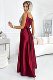 Elegant Burgundy Satin Maxi Dress with Leg Slit and Belt