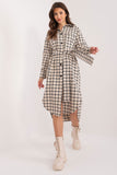 Asymmetrical Cotton Shirt Dress with Tie Belt and Check Pattern