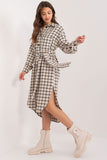 Asymmetrical Cotton Shirt Dress with Tie Belt and Check Pattern