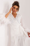 Elegant Blouse with Feather Cuffs and Envelope Front