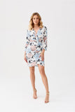 Floral Pattern Mini Dress with 3/4 Sleeves and Zipper