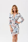 Floral Pattern Mini Dress with 3/4 Sleeves and Zipper