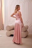 Elegant One Shoulder Satin Dress with Leg Slit