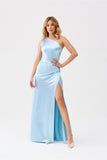 Elegant One-Shoulder Satin Dress with Leg Slit