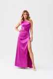 Elegant One-Shoulder Satin Dress with Leg Slit