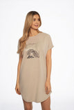 Chic Beige Cotton Nightgown with Gold Leaf Print