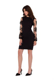 Elegant Midi Dress with Guipure Sleeves and Round Neckline