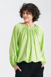 Lime Summer Blouse with Pleated Neckline and Ruffled Hem
