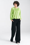 Lime Summer Blouse with Pleated Neckline and Ruffled Hem
