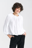 Ecru Lightweight Blouse with Pleated Neckline and Ruffled Hem