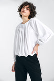 Ecru Lightweight Blouse with Pleated Neckline and Ruffled Hem