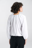 Ecru Lightweight Blouse with Pleated Neckline and Ruffled Hem