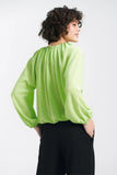 Lime Summer Blouse with Pleated Neckline and Ruffled Hem