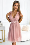 Feminine Tulle Dress with Satin Bow in Dusty Pink