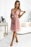 Feminine Tulle Dress with Satin Bow in Dusty Pink