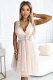 Beige Feminine Tulle Dress with Neckline & Satin Bow
