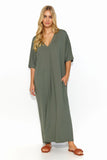 Lightweight Knit Long Dress with Pockets and Short Sleeves