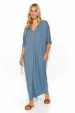 Lightweight Knit Long Dress with V Neckline and Pockets