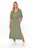 Elegant Loose Midi Dress with Drawstring Waist & Slit