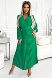 Pleated Midi Dress with Envelope Neckline and Wide Belt