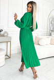 Pleated Midi Dress with Envelope Neckline and Wide Belt