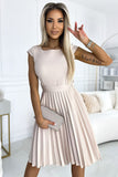Beige Pleated Dress with Short Sleeves and Belt